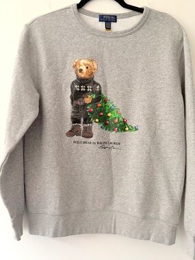 Polo Ralph Lauren Kids Christmas Teddy Bear Iconic Sweatshirt Holiday Grey Marl